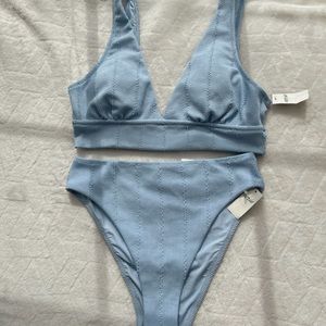 aerie crinkle longline plunge triangle bikini top + crinkle cheeky bikini bottom